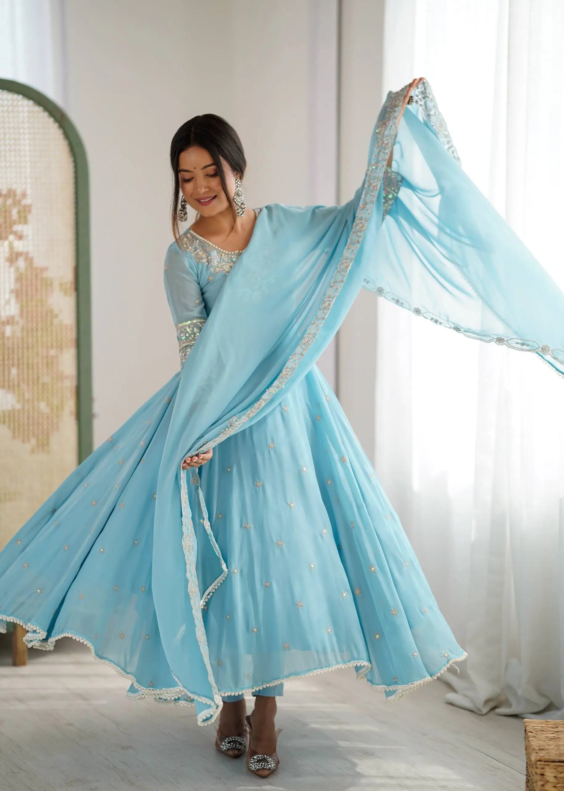 Designer Blooming Faux Embroidered Anarkali Gown Set