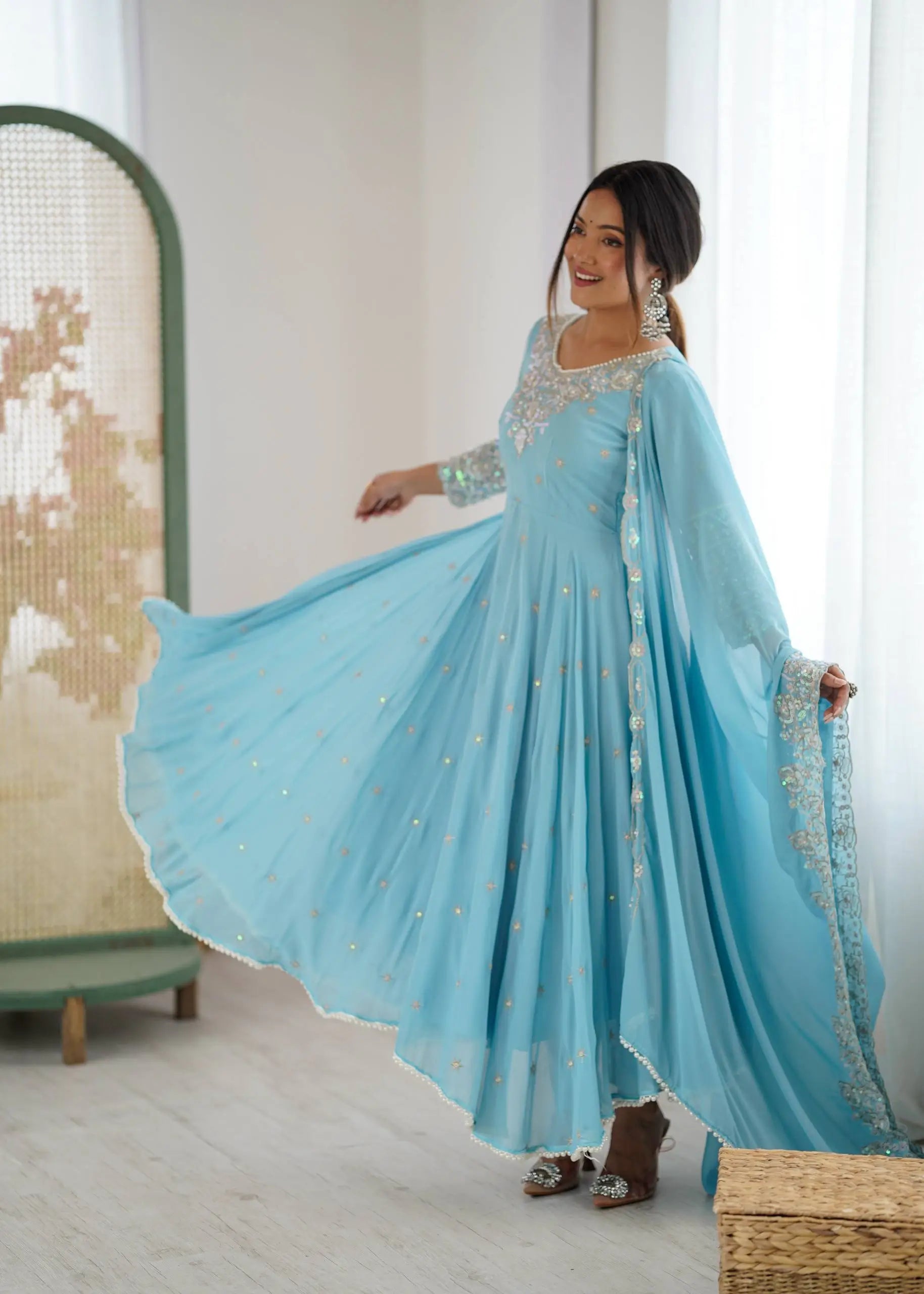Designer Blooming Faux Embroidered Anarkali Gown Set