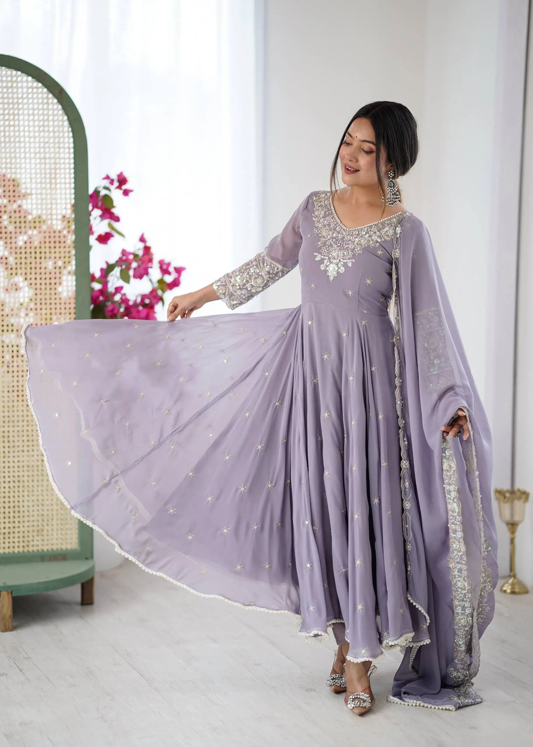 Designer Blooming Faux Embroidered Anarkali Gown Set