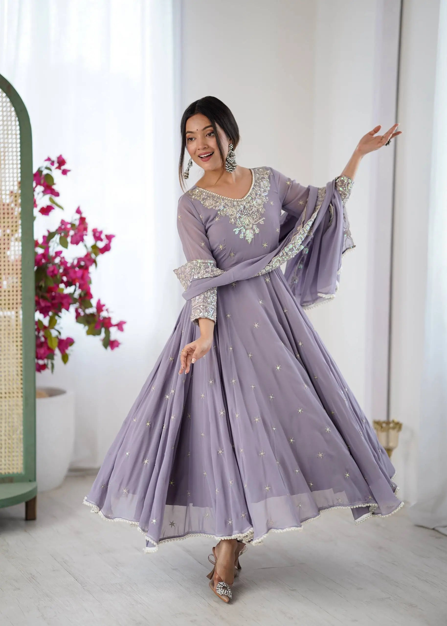 Designer Blooming Faux Embroidered Anarkali Gown Set