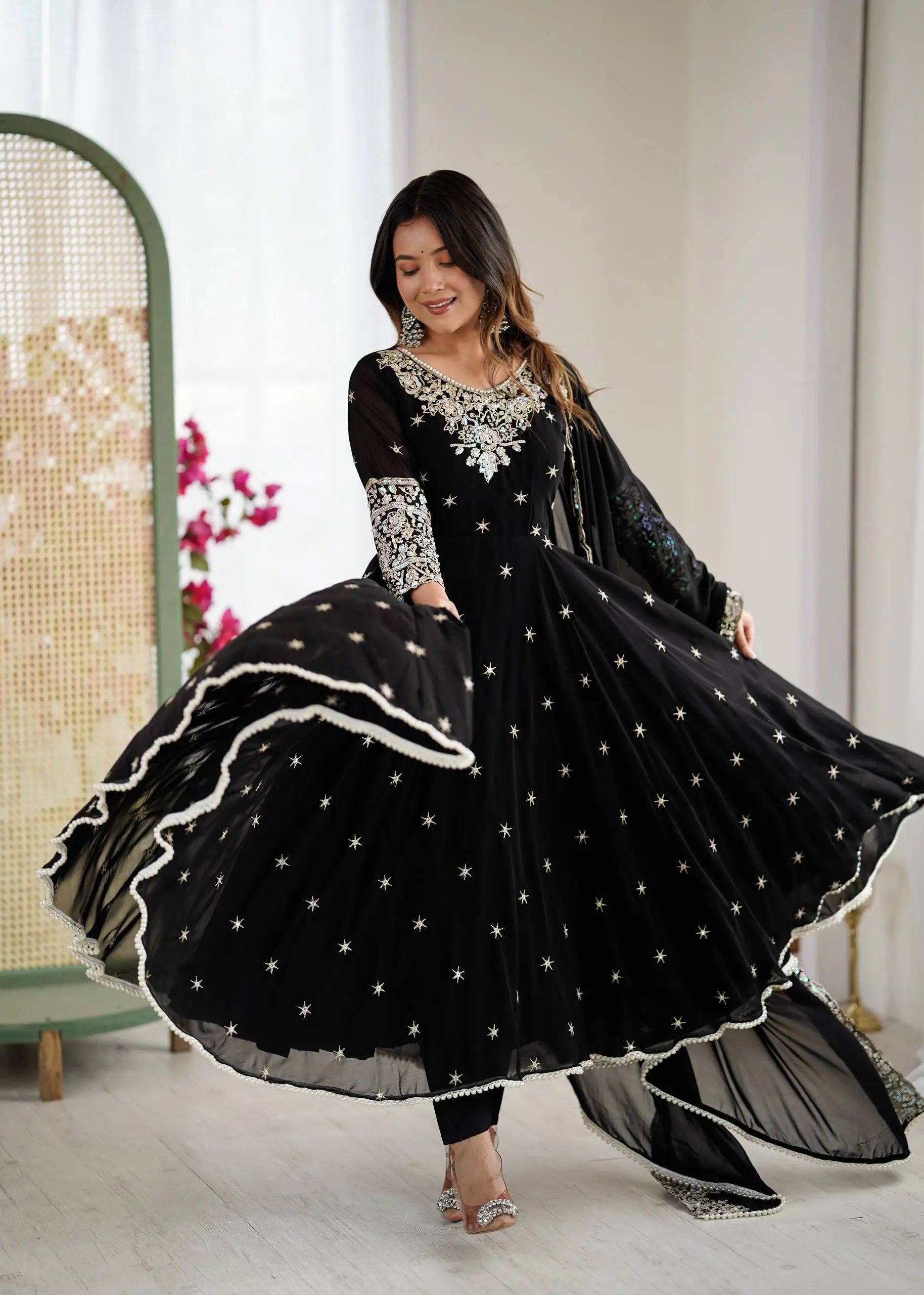 Designer Blooming Faux Embroidered Anarkali Gown Set
