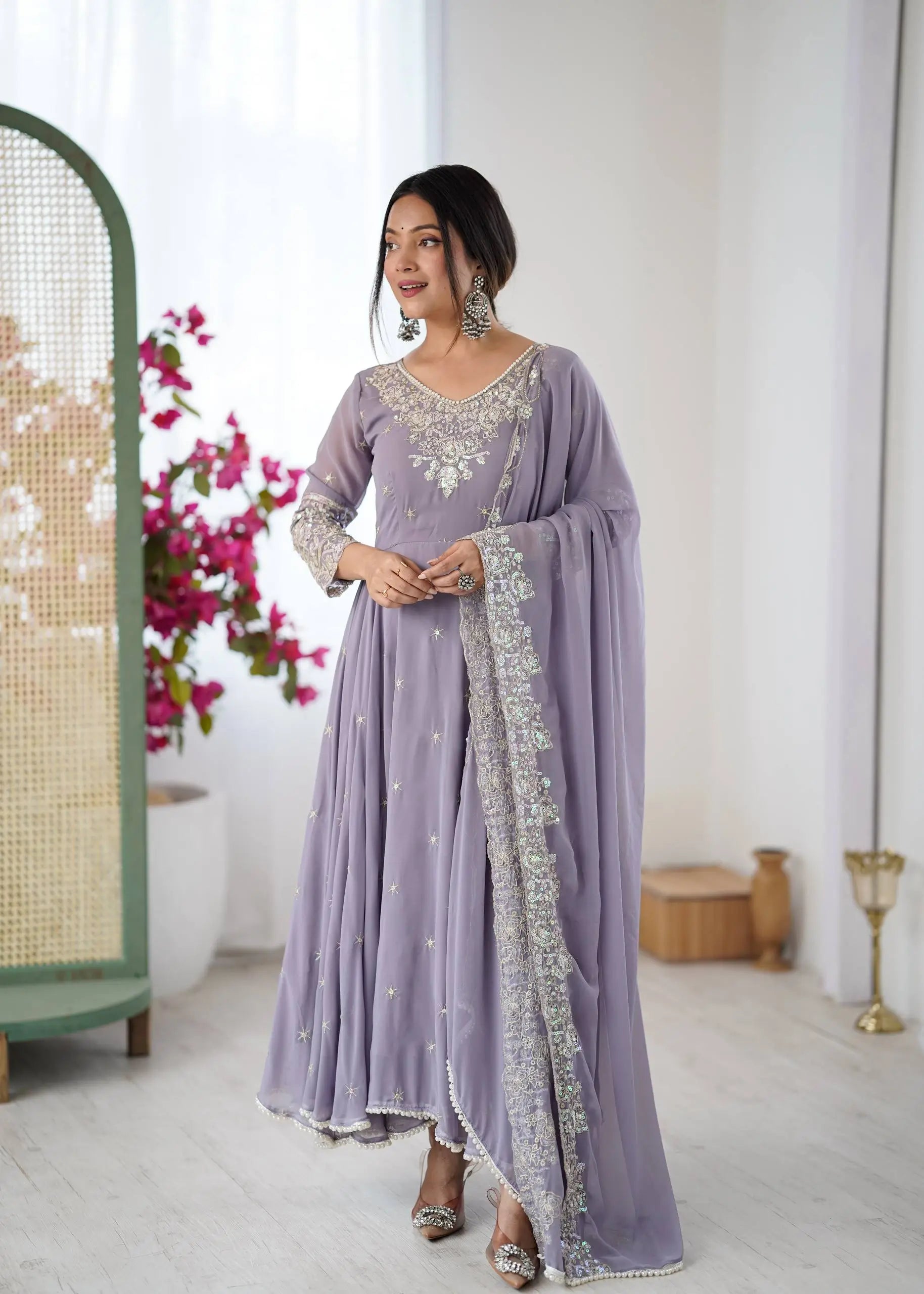 Designer Blooming Faux Embroidered Anarkali Gown Set