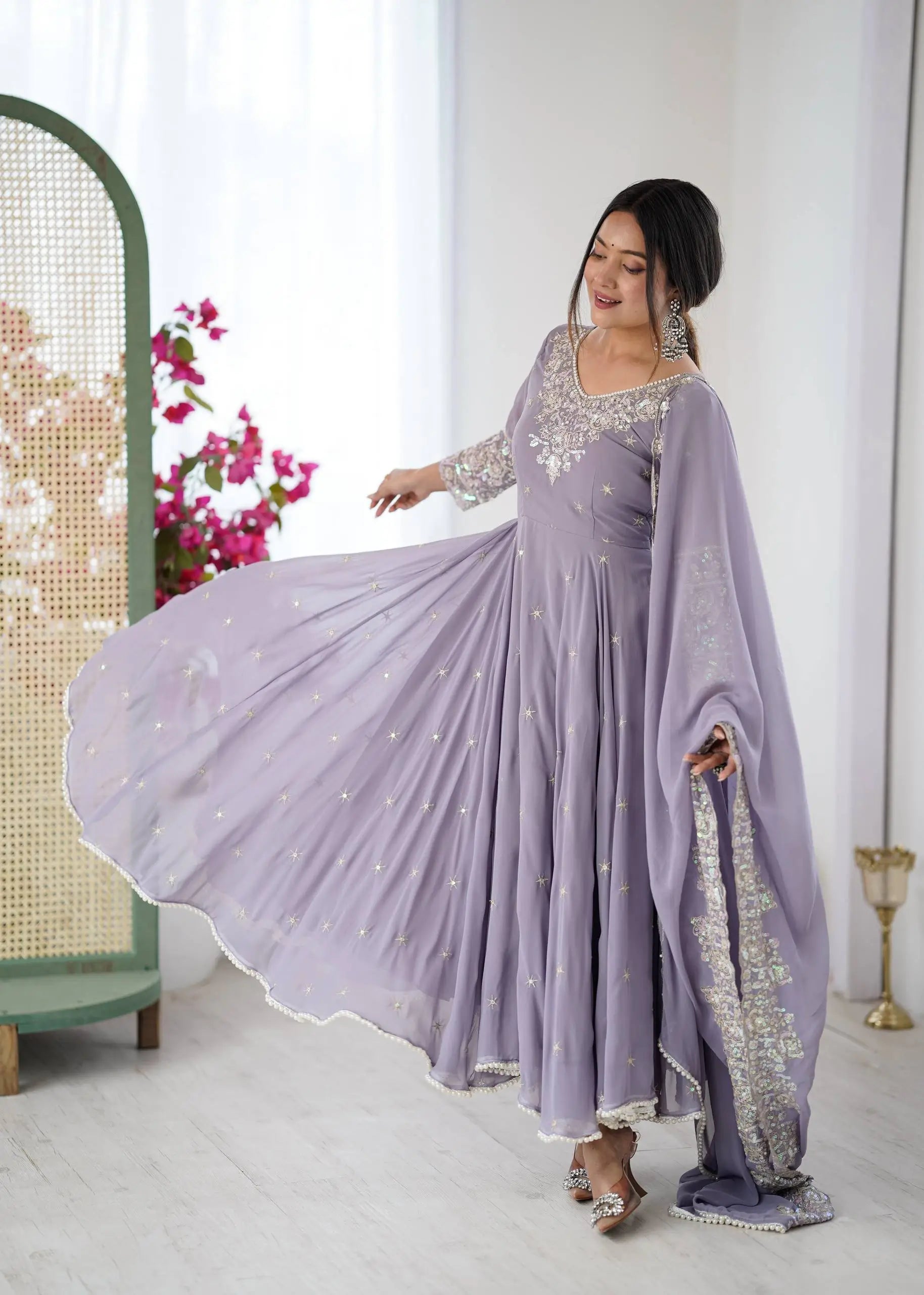 Designer Blooming Faux Embroidered Anarkali Gown Set