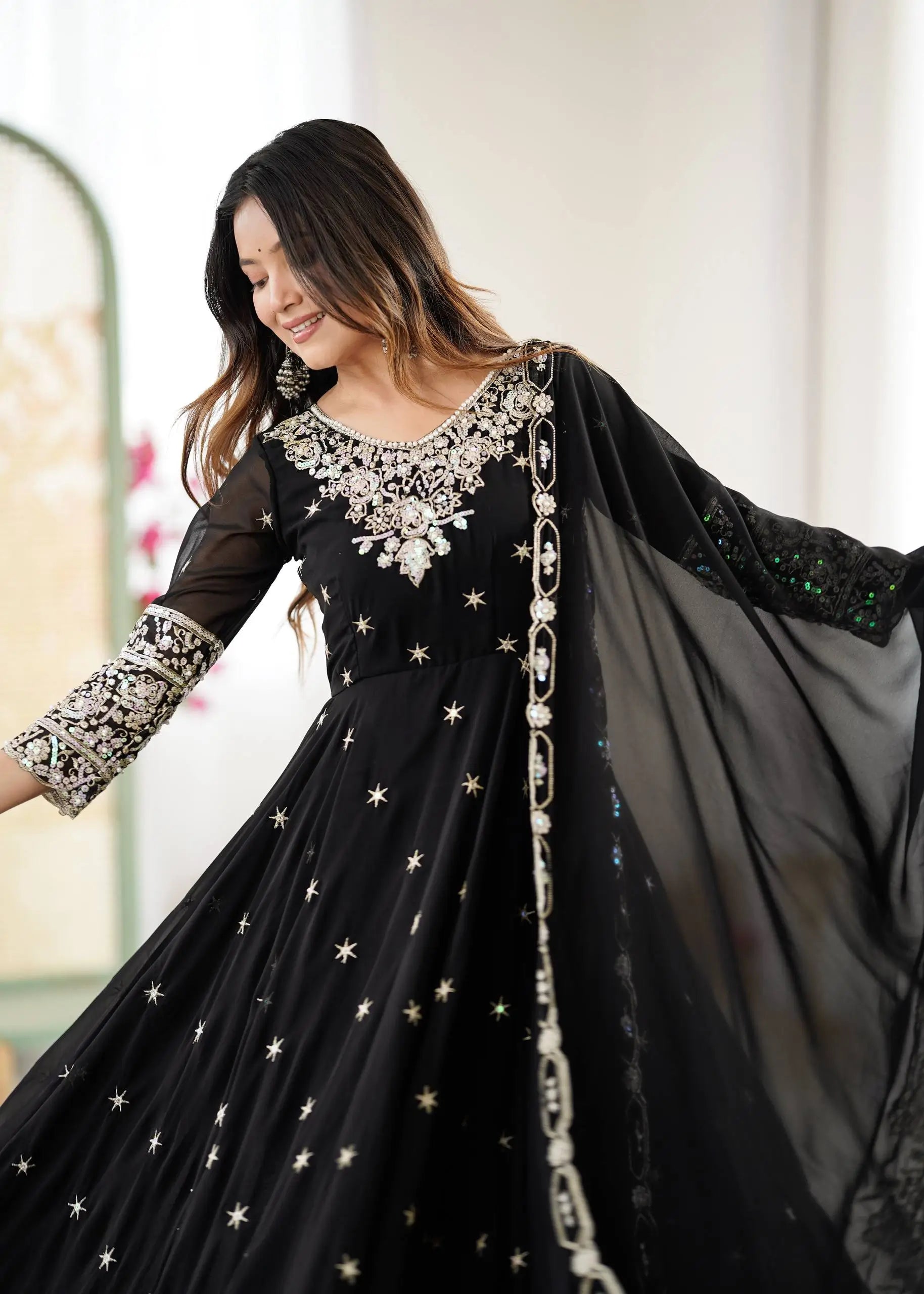 Designer Blooming Faux Embroidered Anarkali Gown Set