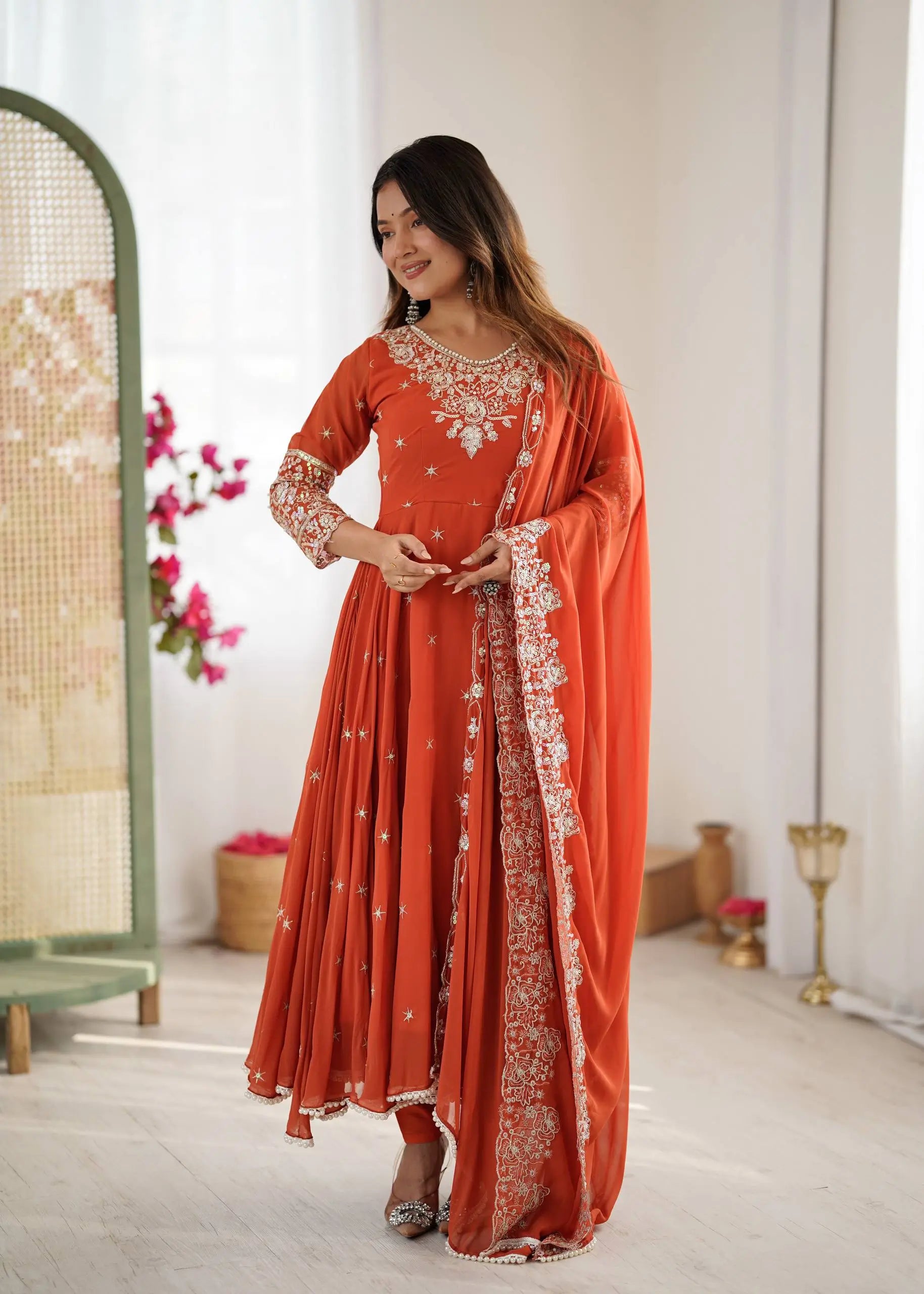 Designer Blooming Faux Embroidered Anarkali Gown Set