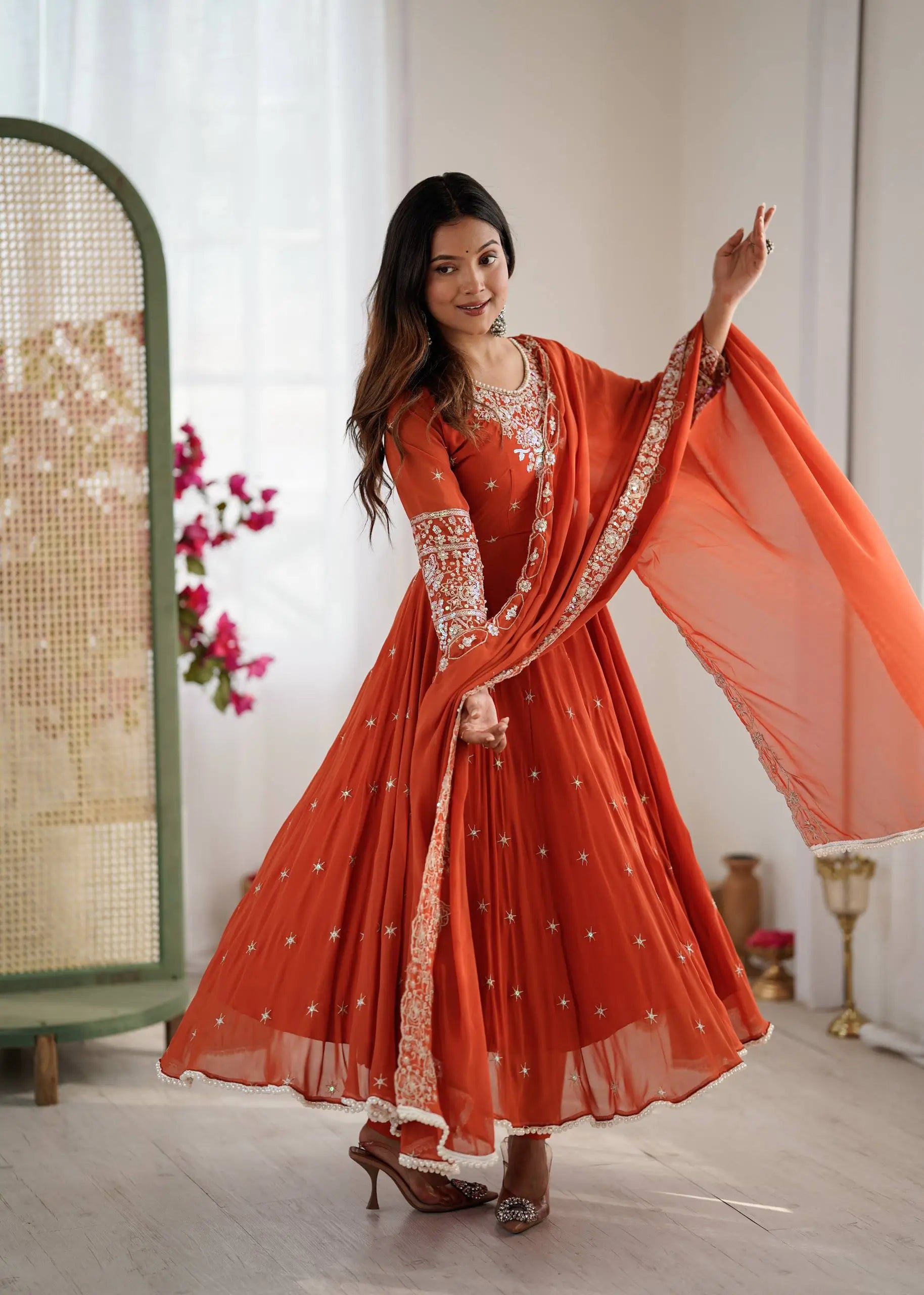 Designer Blooming Faux Embroidered Anarkali Gown Set