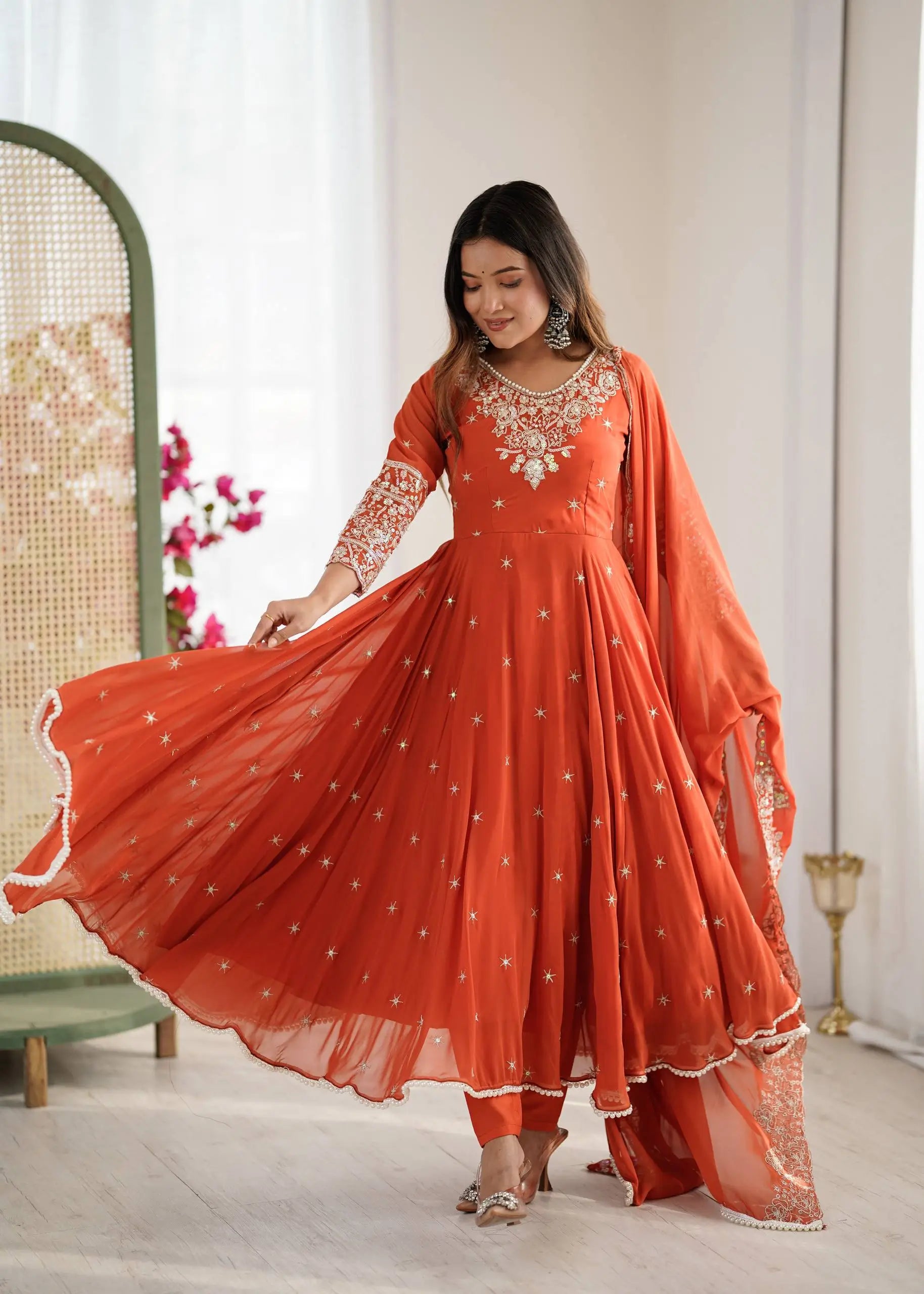 Designer Blooming Faux Embroidered Anarkali Gown Set