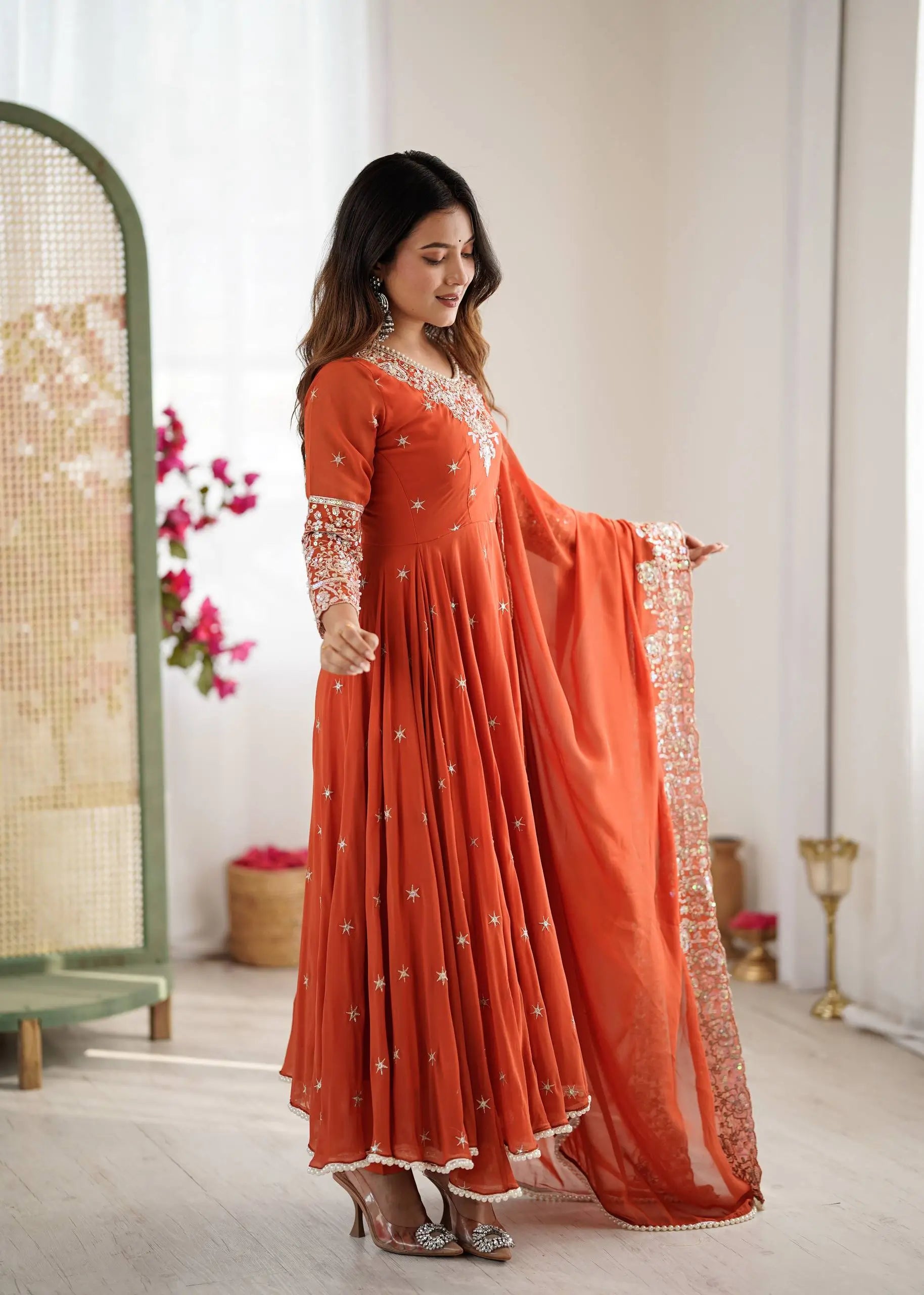 Designer Blooming Faux Embroidered Anarkali Gown Set