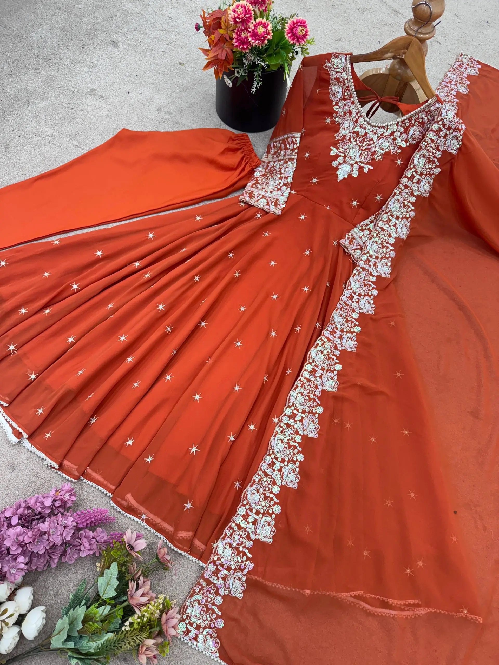 Designer Blooming Faux Embroidered Anarkali Gown Set