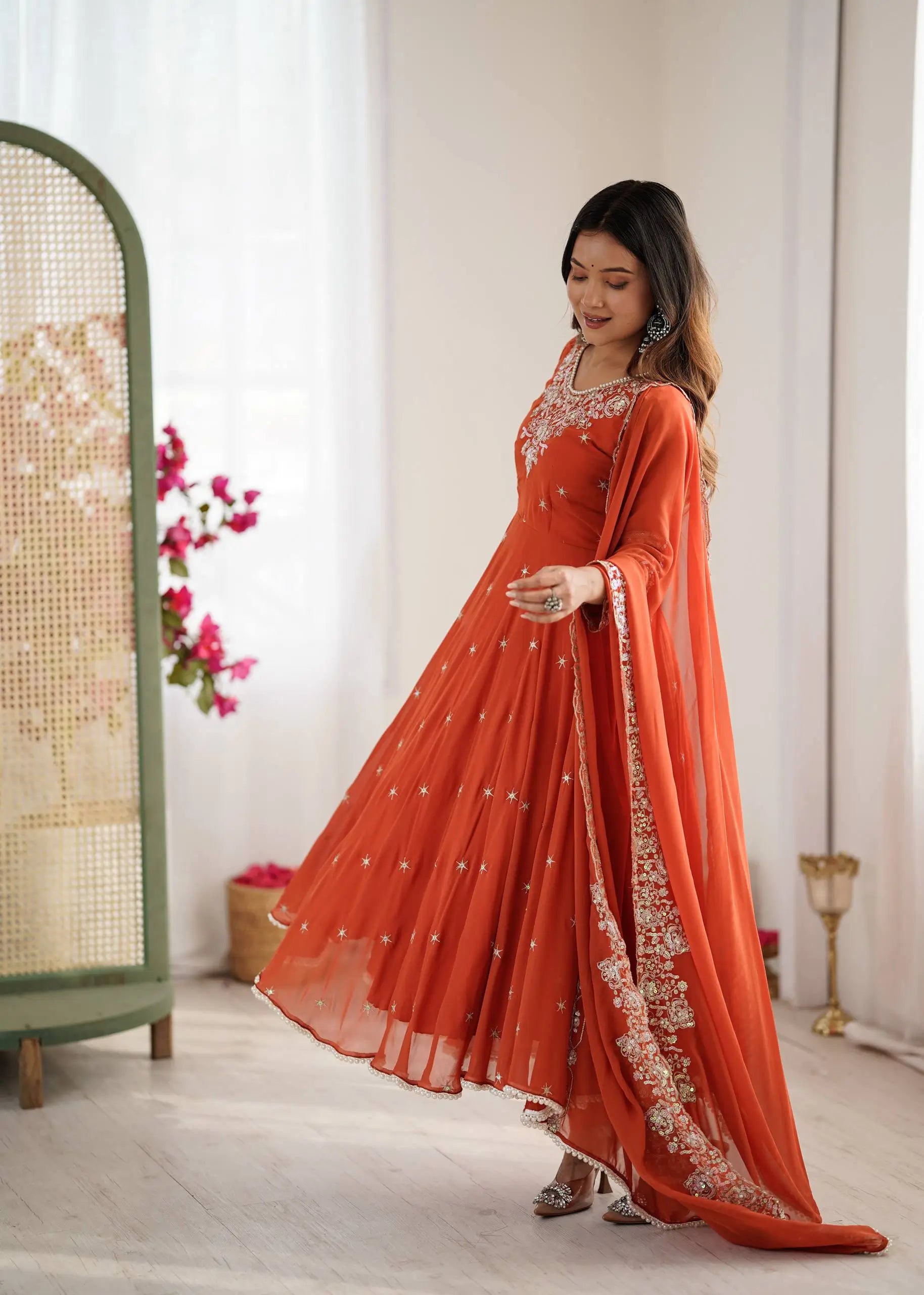 Designer Blooming Faux Embroidered Anarkali Gown Set