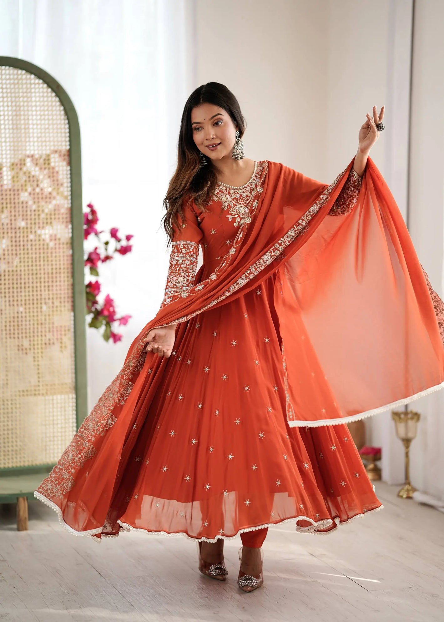 Designer Blooming Faux Embroidered Anarkali Gown Set