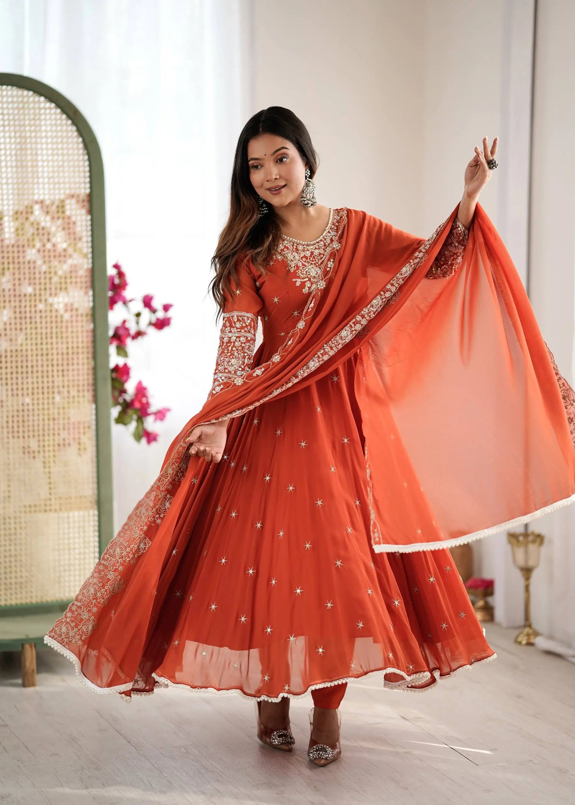 Designer Blooming Faux Embroidered Anarkali Gown Set