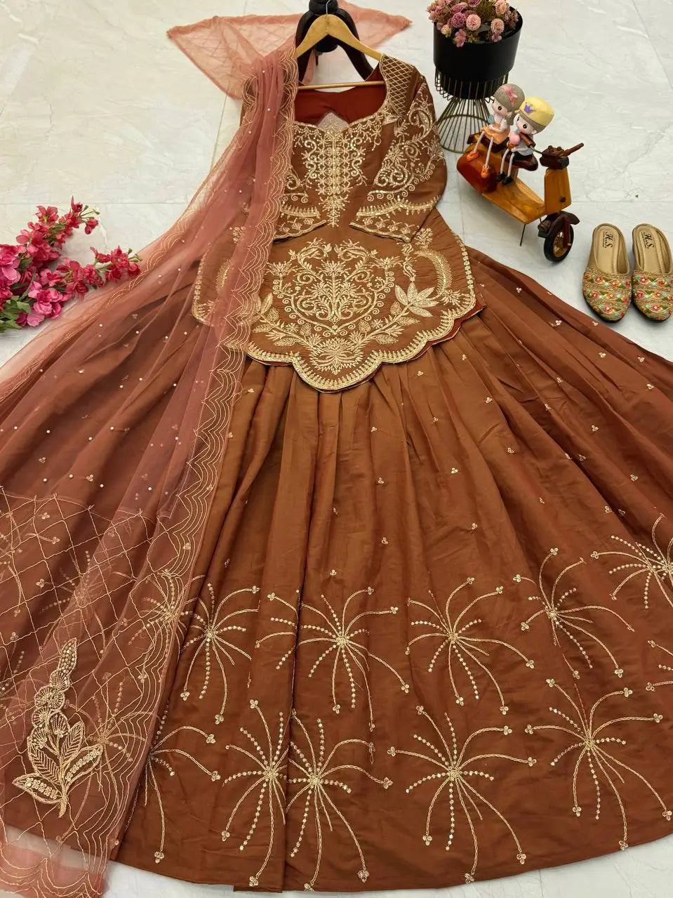 Designer Brown Shimmer Silk Lehenga Choli with Net Dupatta | Heavy Embroidery & Sequin Work