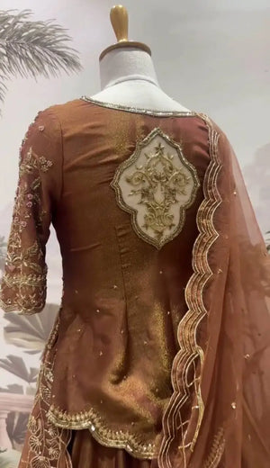 Designer Brown Shimmer Silk Lehenga Choli with Net Dupatta | Heavy Embroidery & Sequin Work