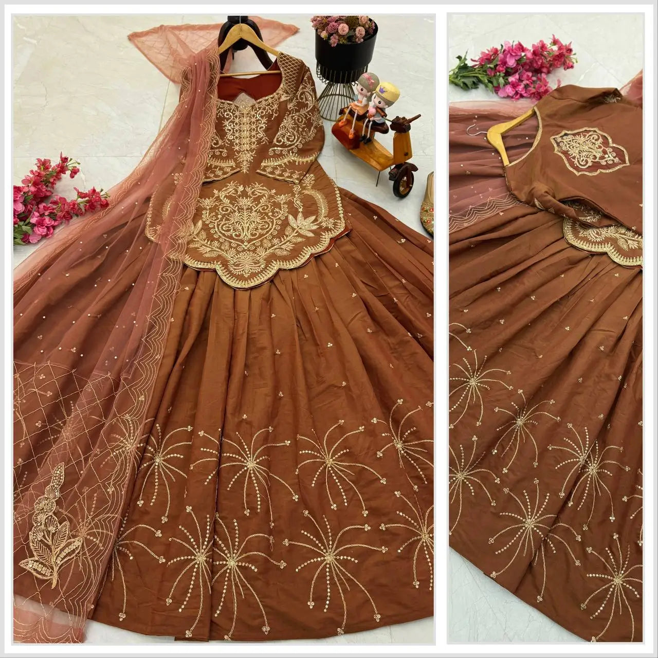 Designer Brown Shimmer Silk Lehenga Choli with Net Dupatta | Heavy Embroidery & Sequin Work