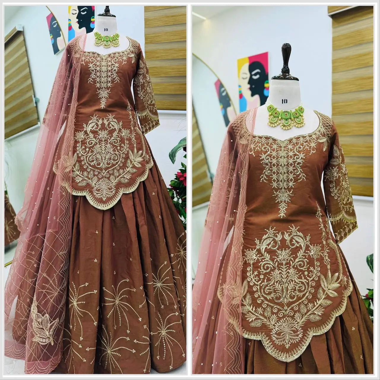 Designer Brown Shimmer Silk Lehenga Choli with Net Dupatta | Heavy Embroidery & Sequin Work