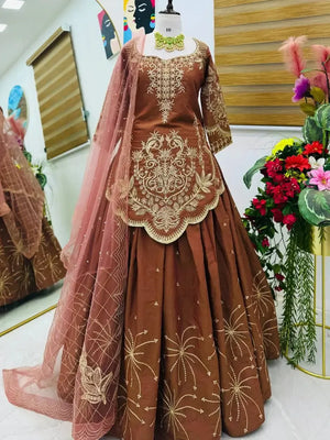 Designer Brown Shimmer Silk Lehenga Choli with Net Dupatta | Heavy Embroidery & Sequin Work