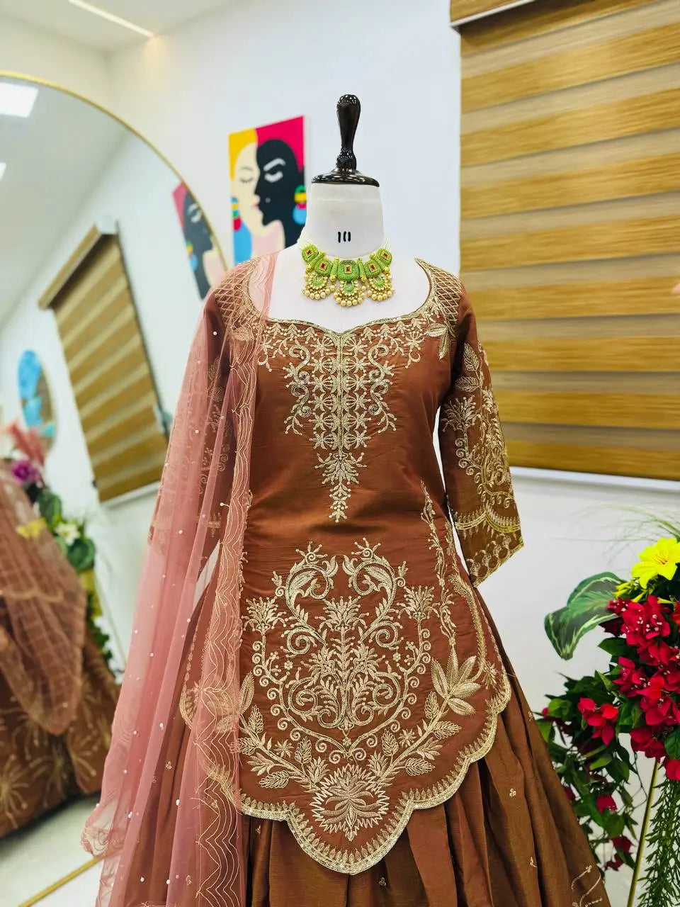 Designer Brown Shimmer Silk Lehenga Choli with Net Dupatta | Heavy Embroidery & Sequin Work