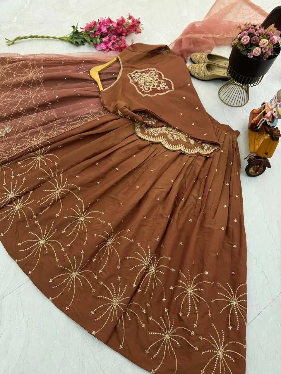 Designer Brown Shimmer Silk Lehenga Choli with Net Dupatta | Heavy Embroidery & Sequin Work