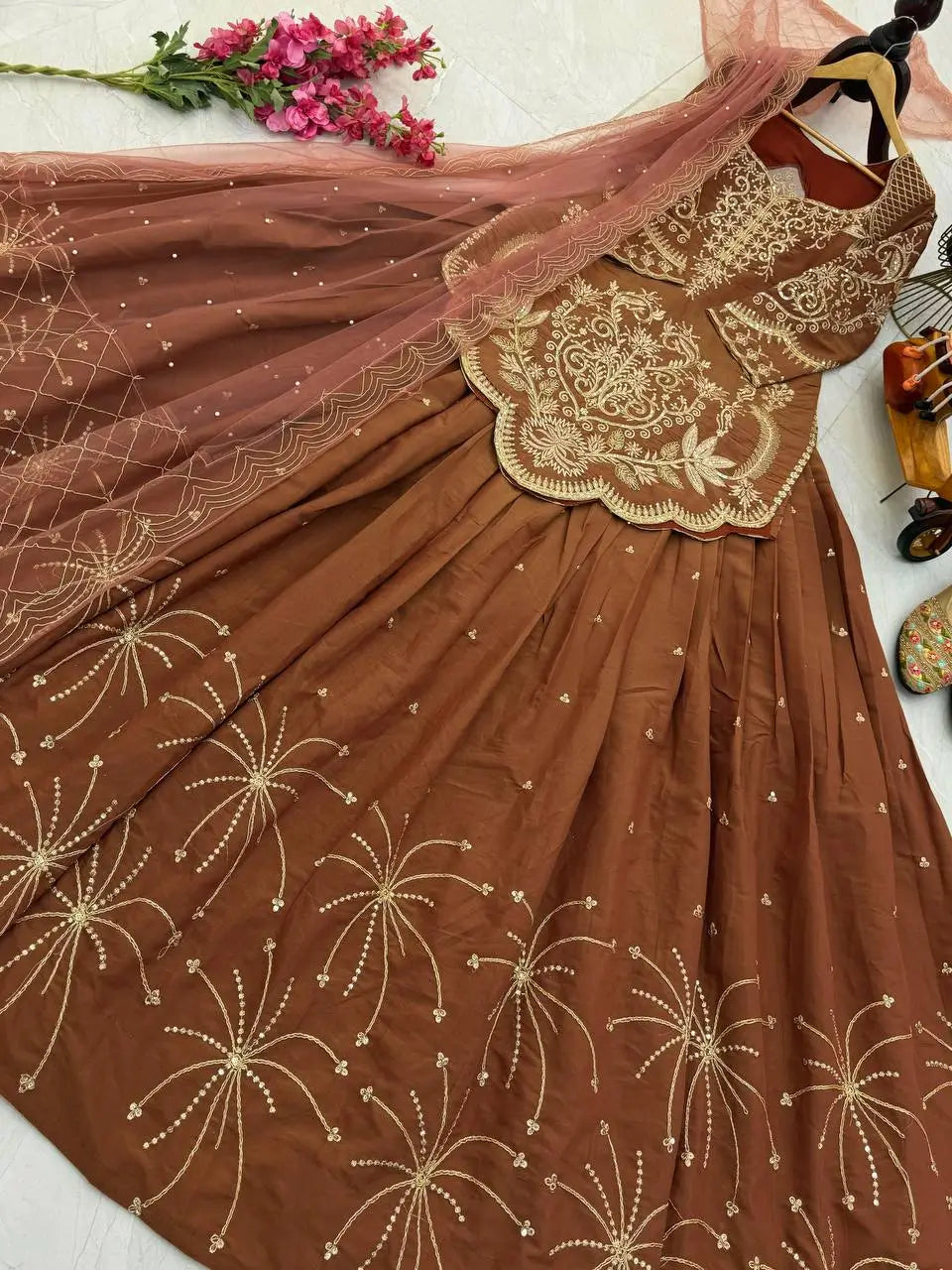 Designer Brown Shimmer Silk Lehenga Choli with Net Dupatta | Heavy Embroidery & Sequin Work