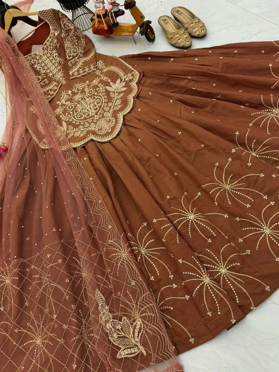 Designer Brown Shimmer Silk Lehenga Choli with Net Dupatta | Heavy Embroidery & Sequin Work