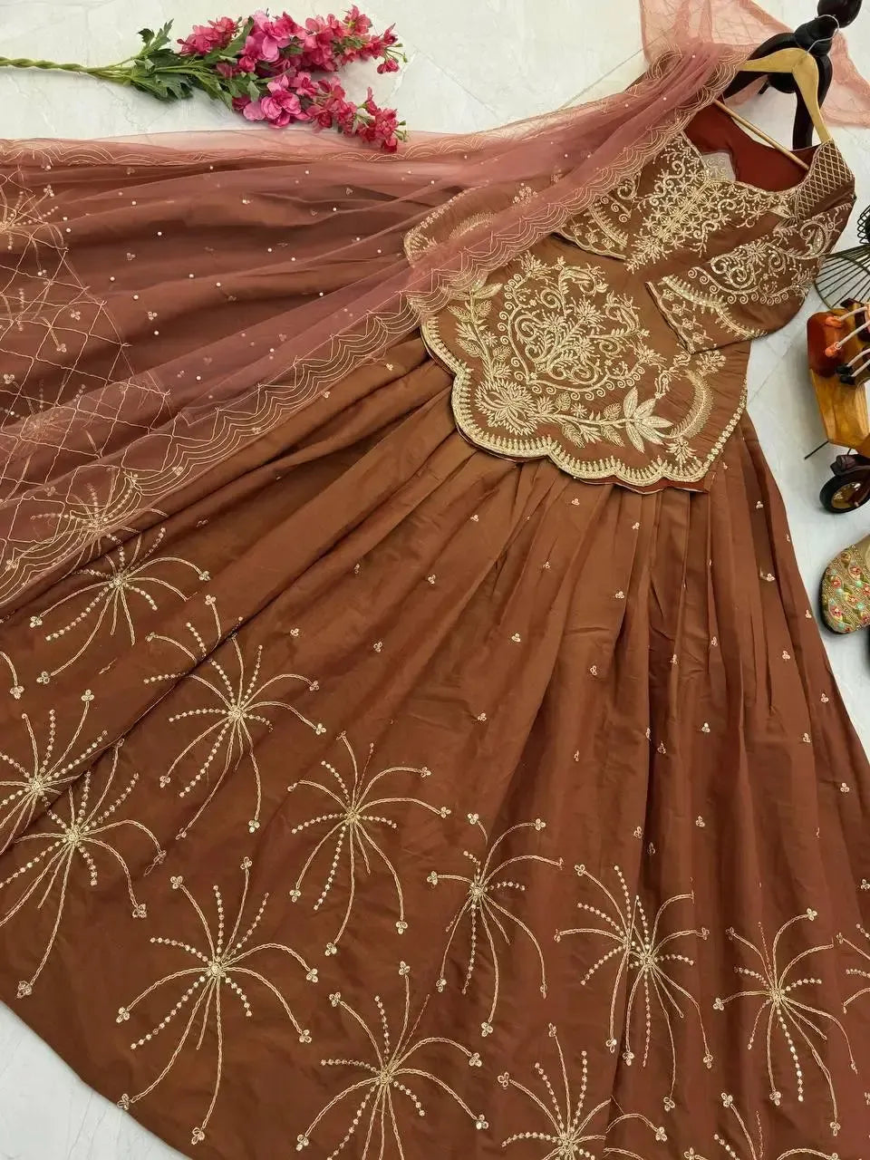 Designer Brown Shimmer Silk Lehenga Choli with Net Dupatta | Heavy Embroidery & Sequin Work