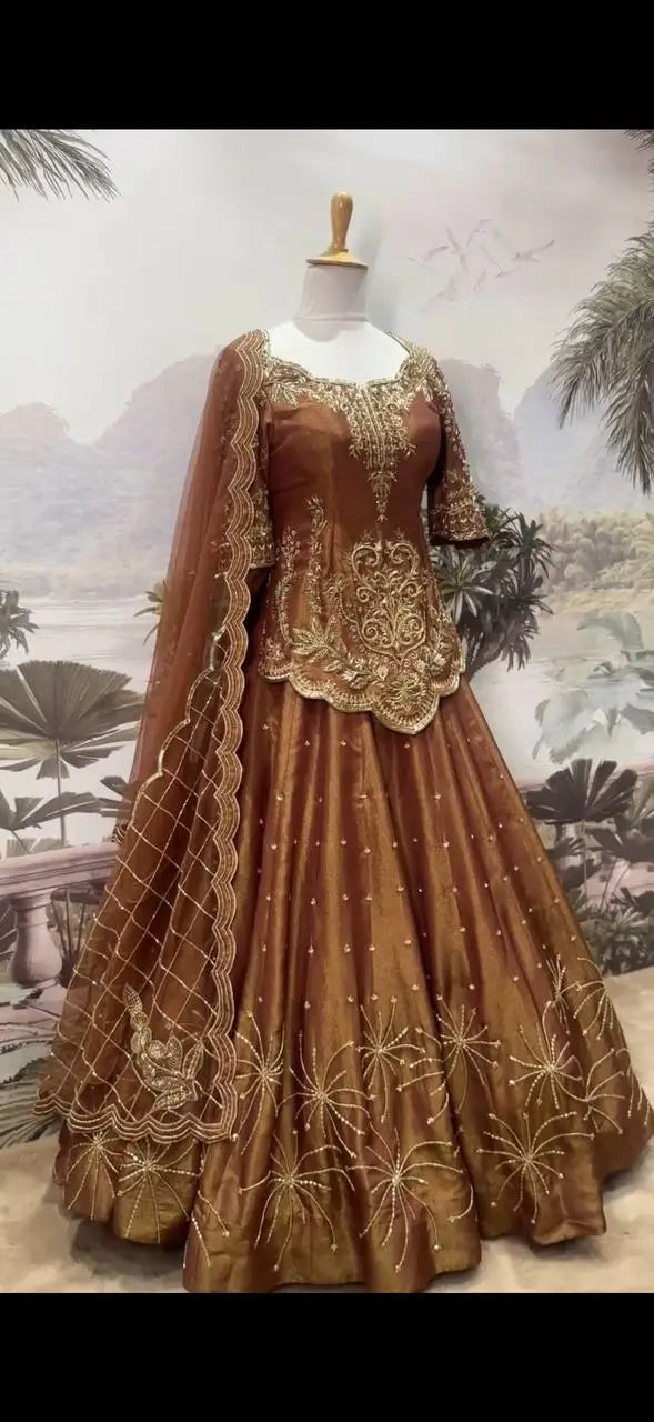 Designer Brown Shimmer Silk Lehenga Choli with Net Dupatta | Heavy Embroidery & Sequin Work
