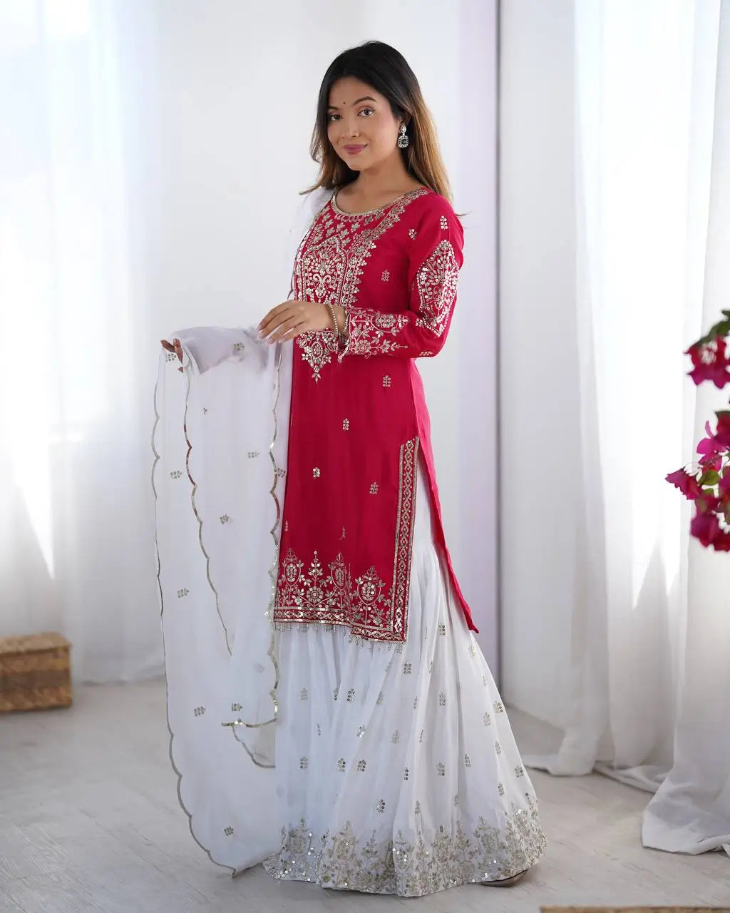 Designer Chinnon Embroidered Sharara Suit Set with Dupatta
