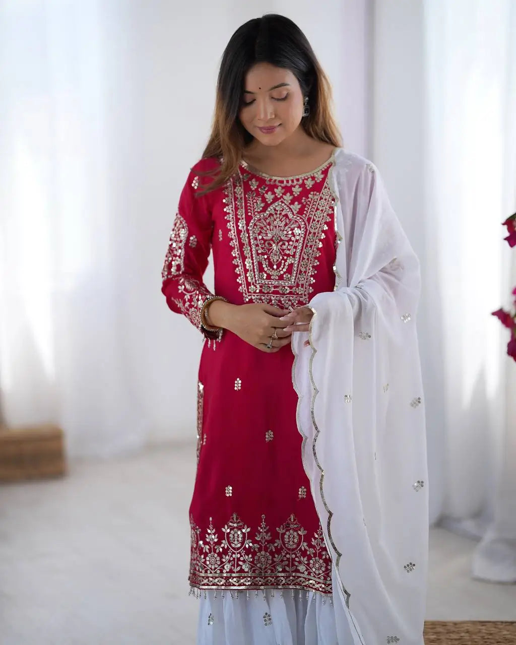 Designer Chinnon Embroidered Sharara Suit Set with Dupatta