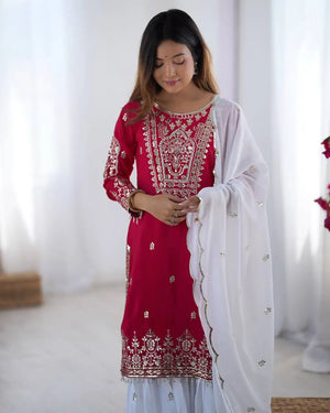 Designer Chinnon Embroidered Sharara Suit Set with Dupatta