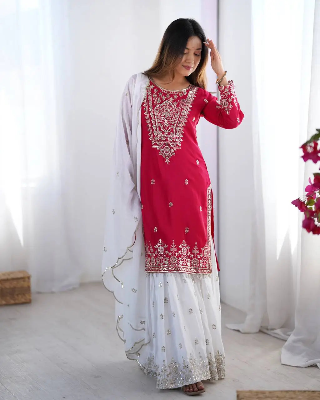 Designer Chinnon Embroidered Sharara Suit Set with Dupatta