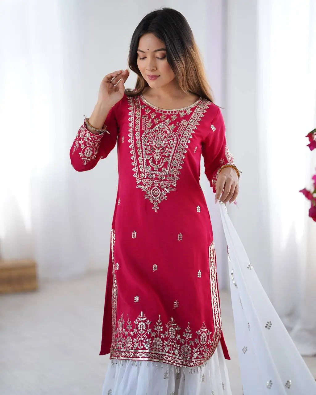 Designer Chinnon Embroidered Sharara Suit Set with Dupatta