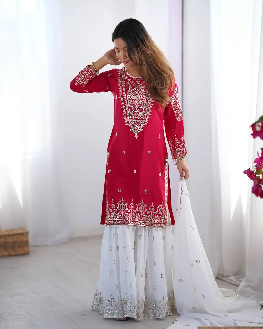 Designer Chinnon Embroidered Sharara Suit Set with Dupatta