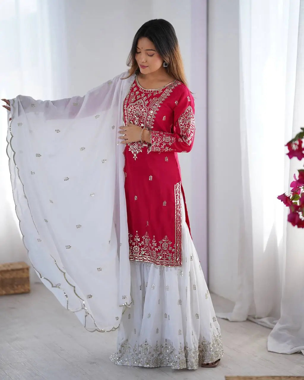 Designer Chinnon Embroidered Sharara Suit Set with Dupatta