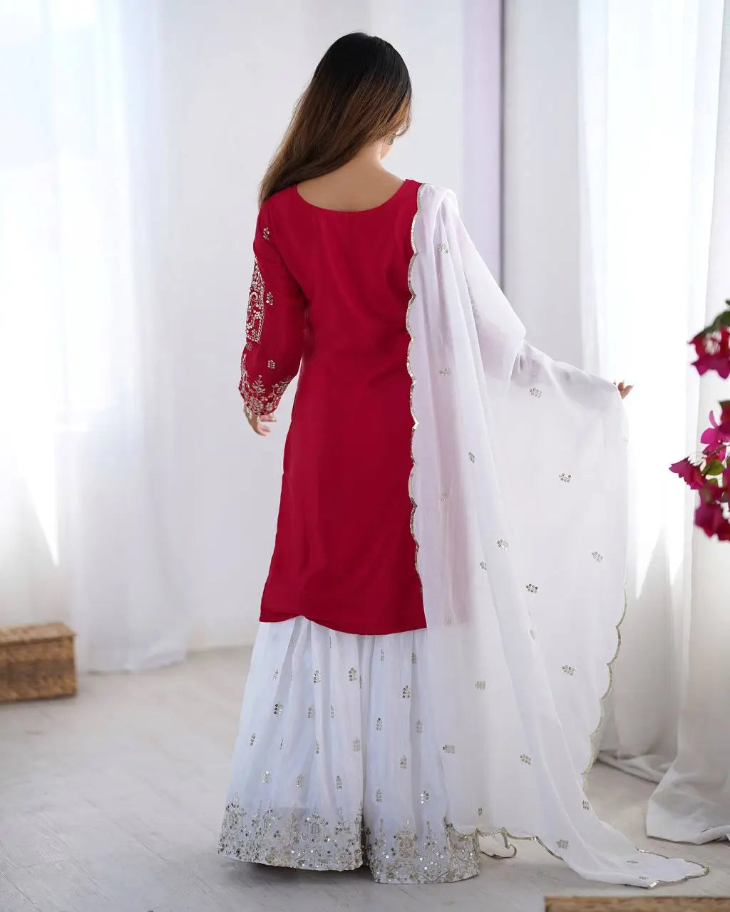 Designer Chinnon Embroidered Sharara Suit Set with Dupatta