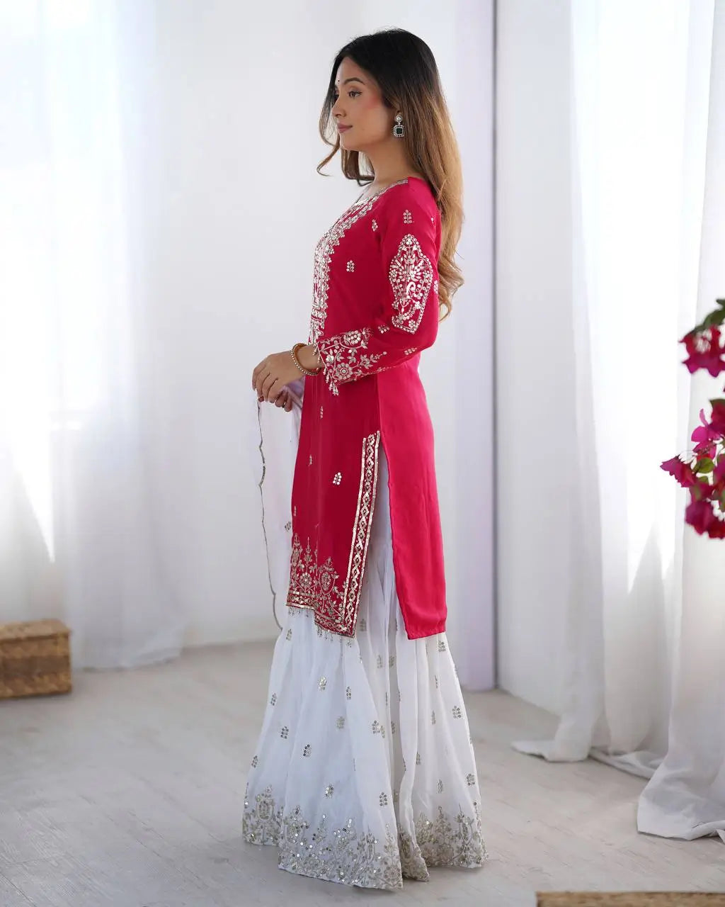 Designer Chinnon Embroidered Sharara Suit Set with Dupatta