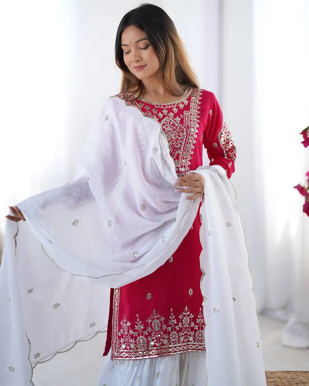 Designer Chinnon Embroidered Sharara Suit Set with Dupatta