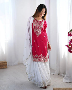 Designer Chinnon Embroidered Sharara Suit Set with Dupatta