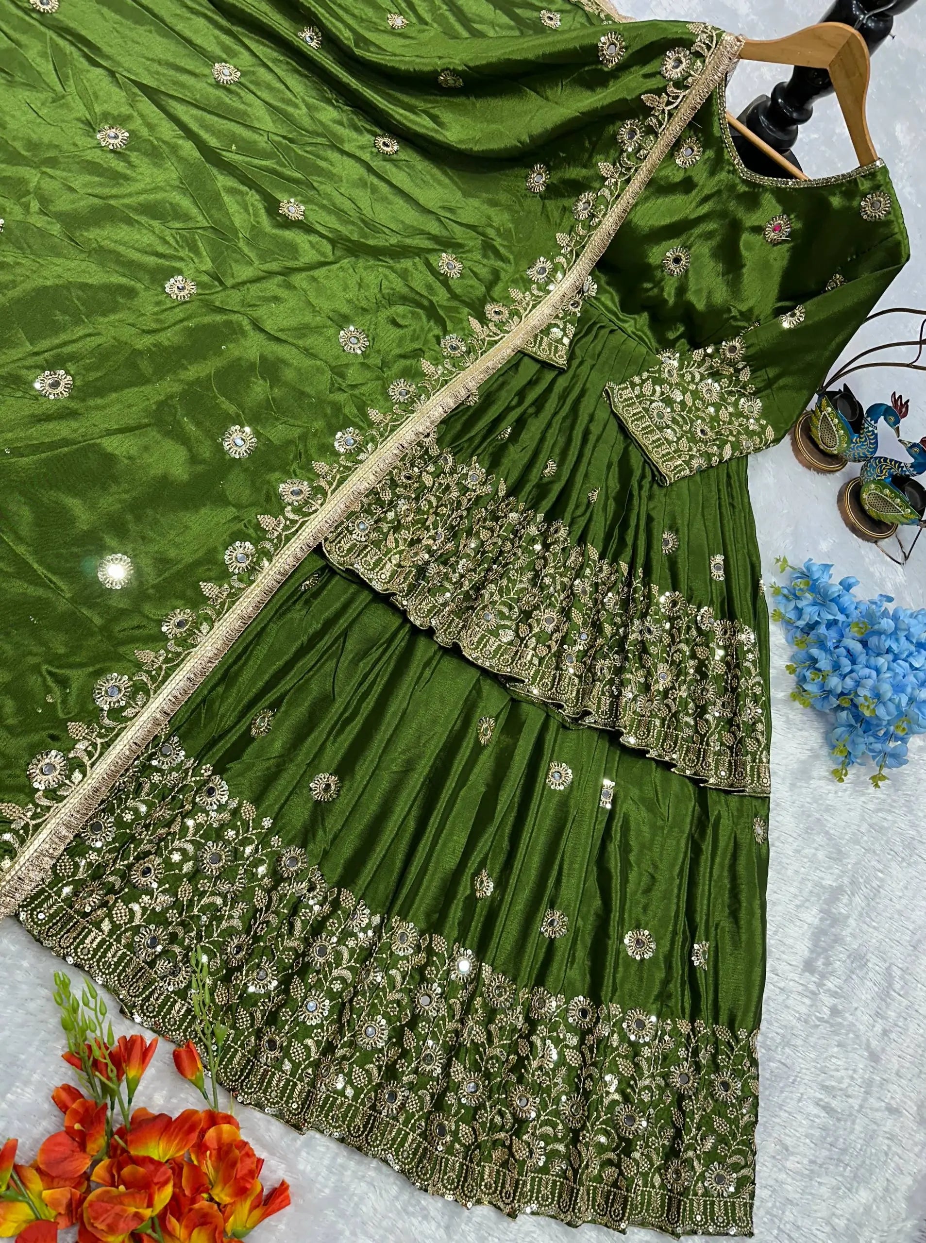 Designer Chinnon Silk Embroidered Lehenga Set