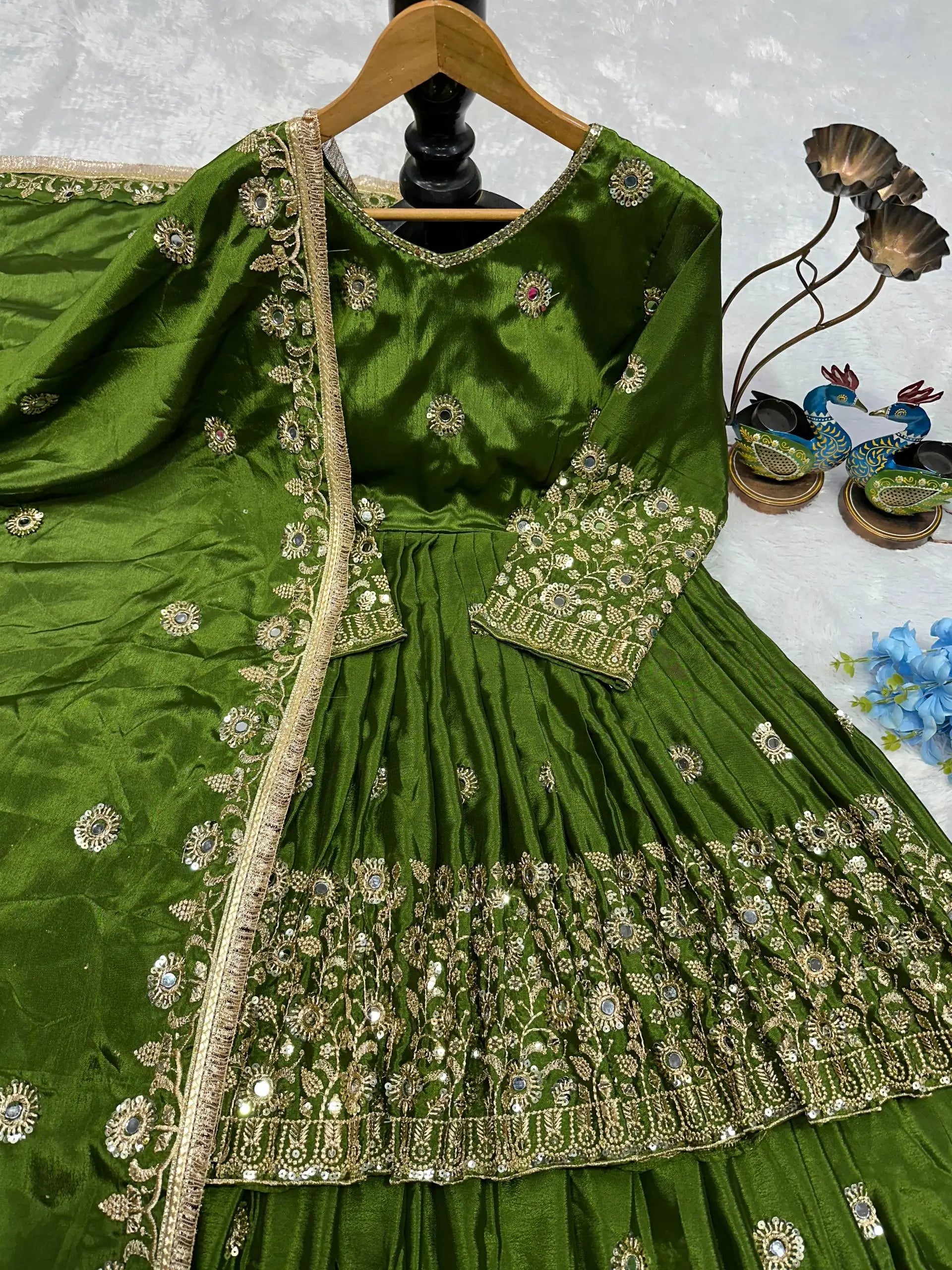 Designer Chinnon Silk Embroidered Lehenga Set