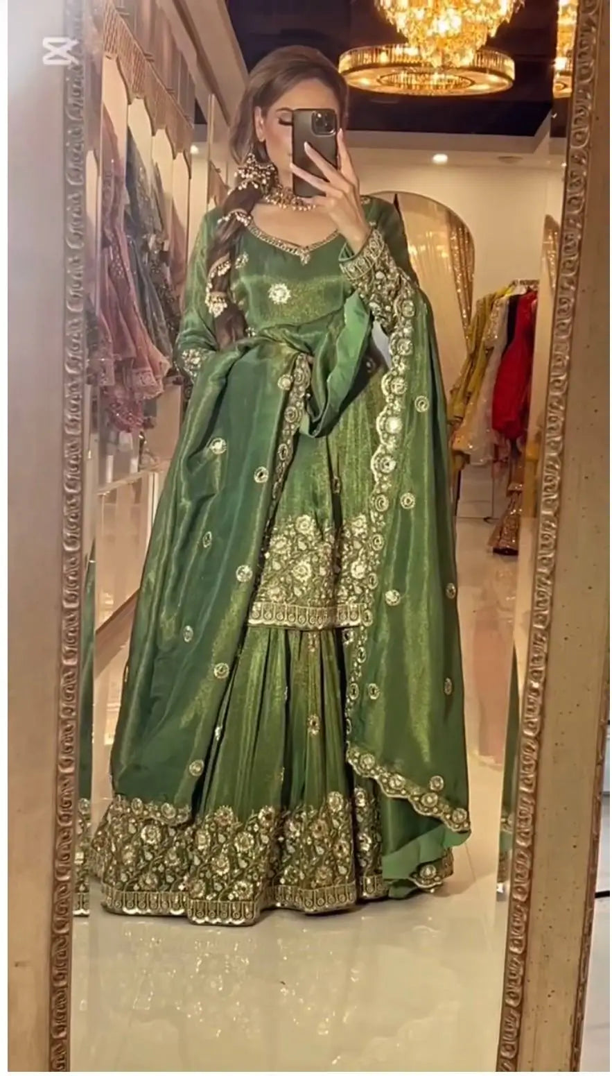 Designer Chinnon Silk Embroidered Lehenga Set