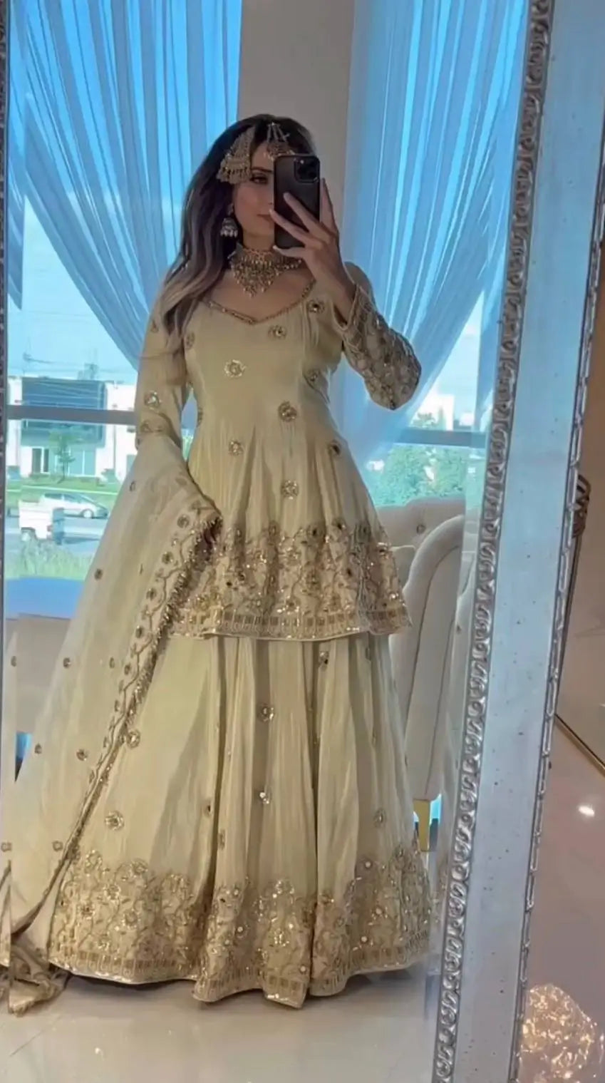 Designer Chinnon Silk Embroidered Lehenga Set