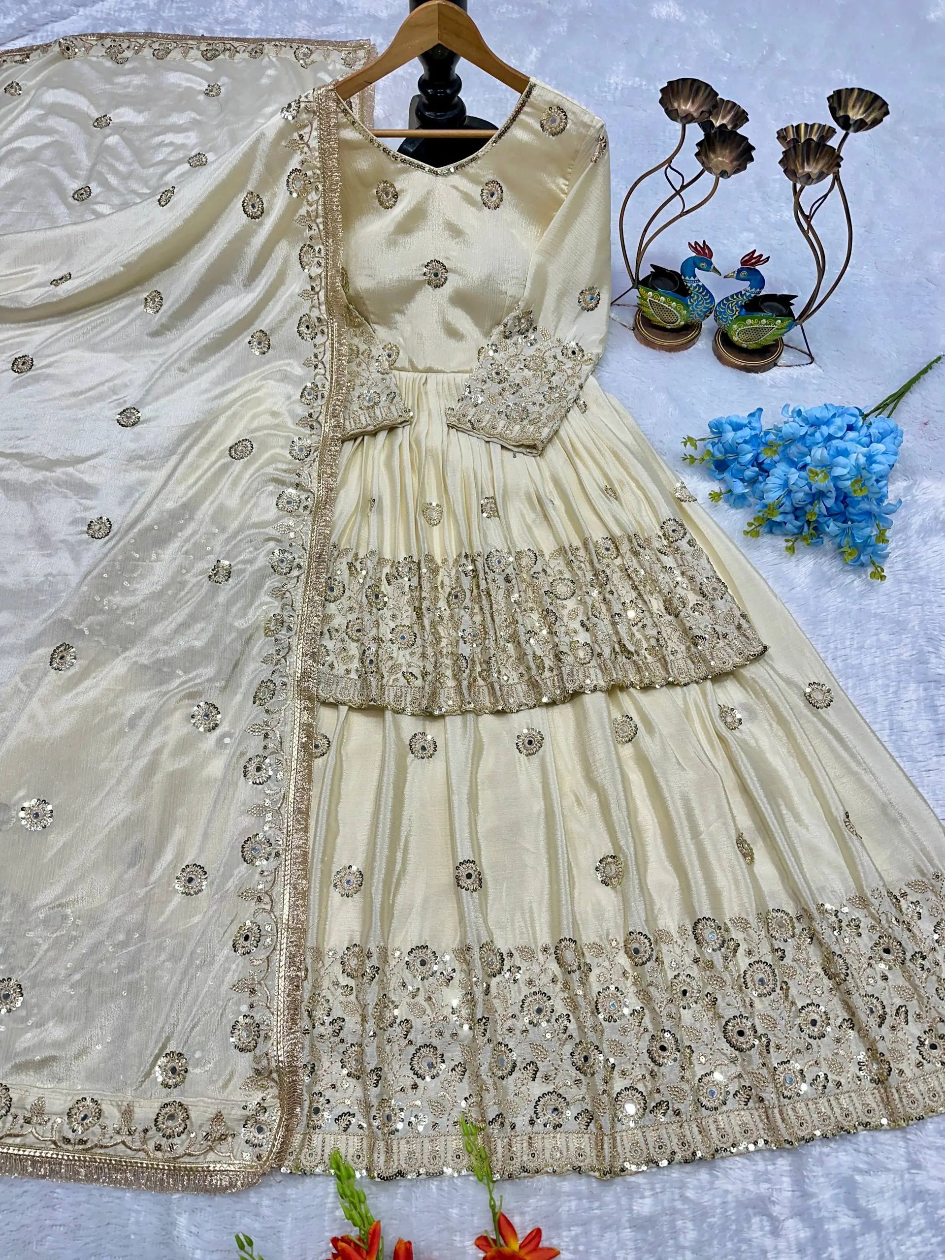 Designer Chinnon Silk Embroidered Lehenga Set