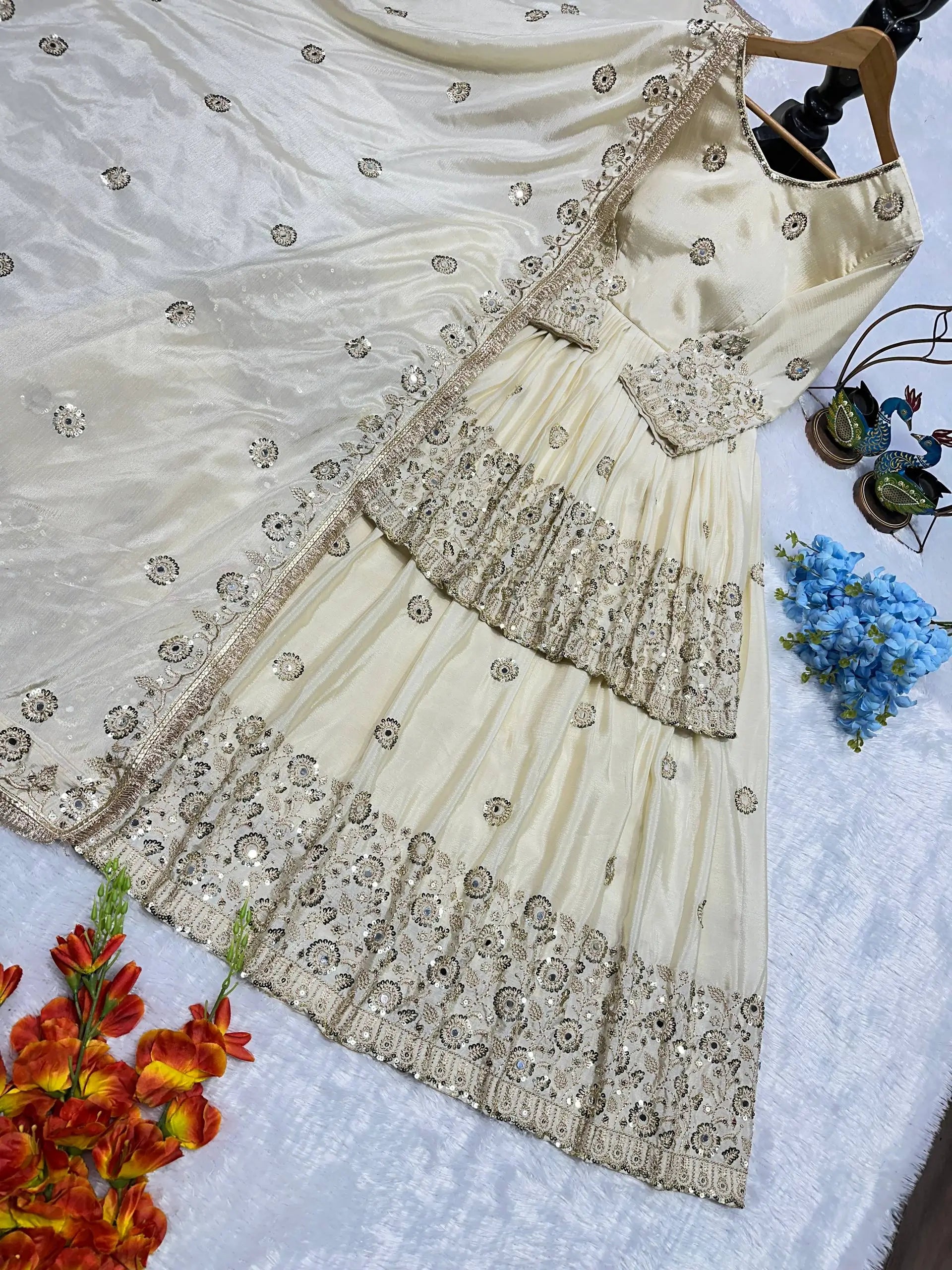 Designer Chinnon Silk Embroidered Lehenga Set