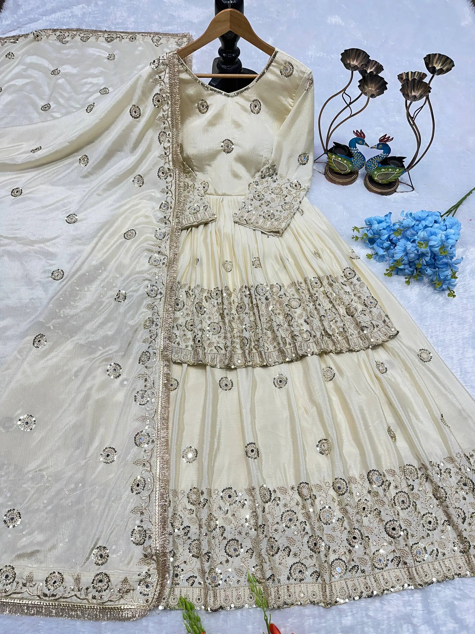 Designer Chinnon Silk Embroidered Lehenga Set
