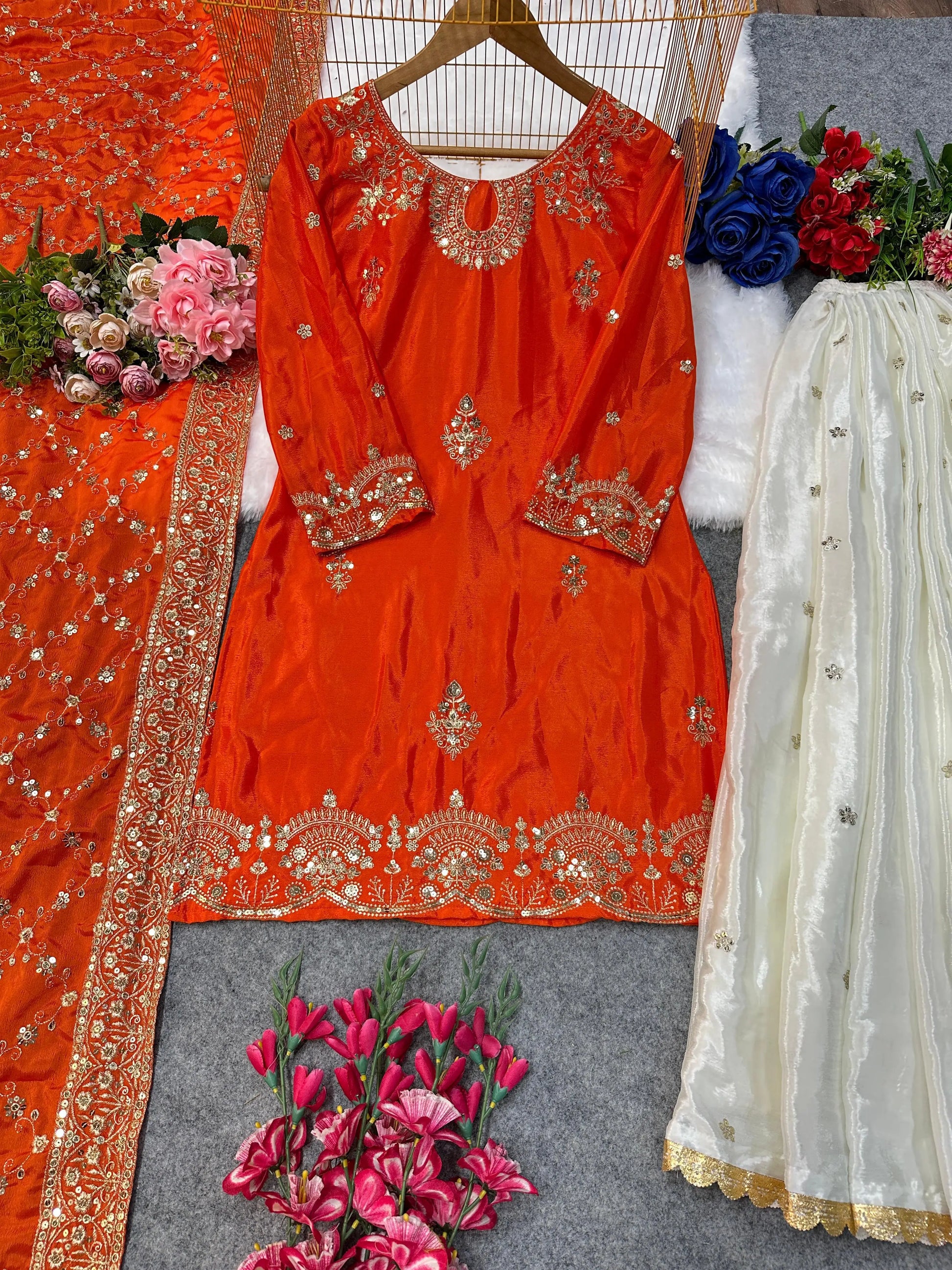 Designer Chinnon Silk Embroidered Palazzo Set