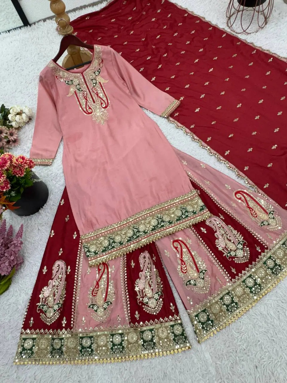 Designer Chinnon Silk Embroidered Sharara Set