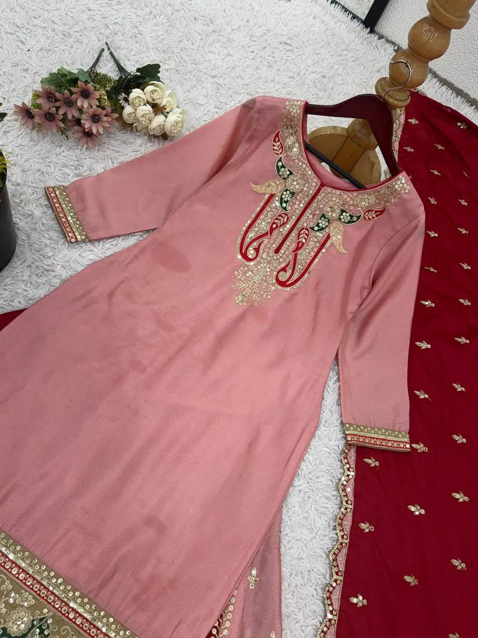 Designer Chinnon Silk Embroidered Sharara Set