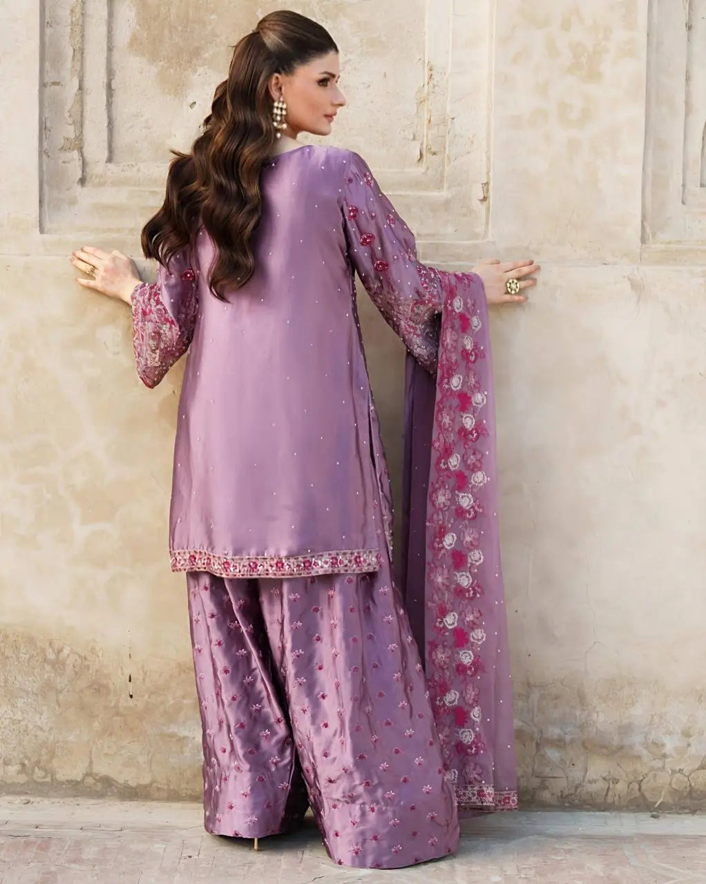 Designer Chinnon Silk Embroidered Sharara Set