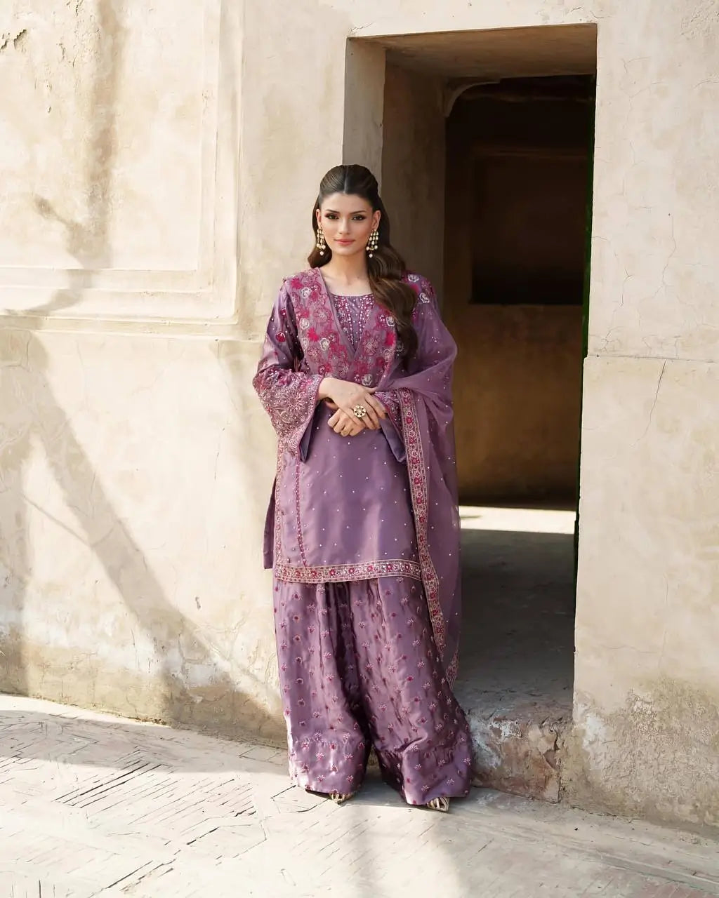 Designer Chinnon Silk Embroidered Sharara Set
